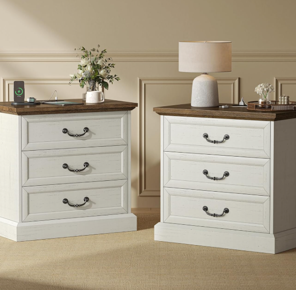 Bedside table with two piece three drawer set and shelving
