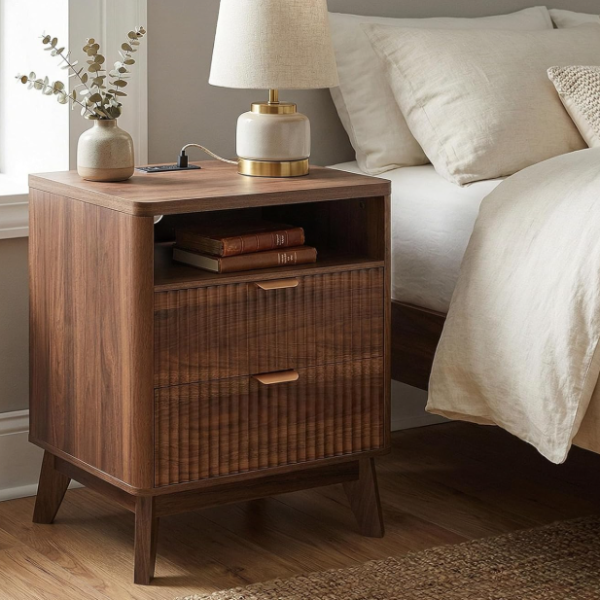 Built in bedside table with two drawers and shelving