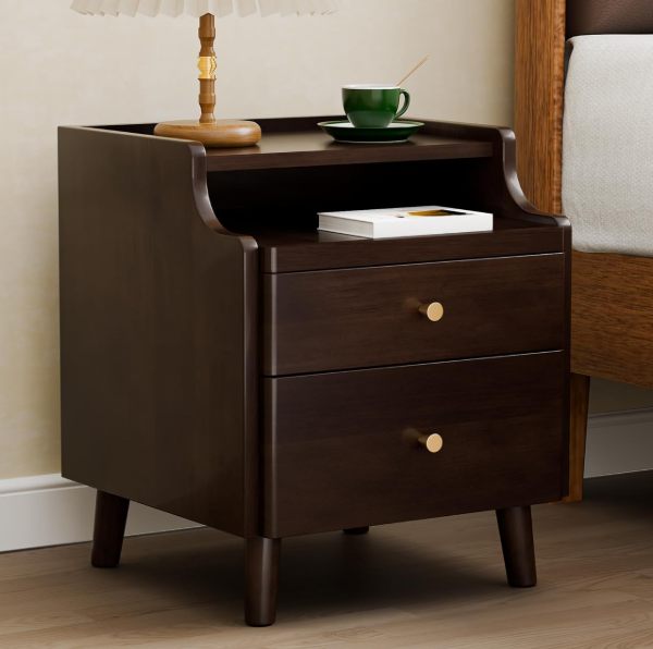 Solid wood bedside table with drawers and open shelving